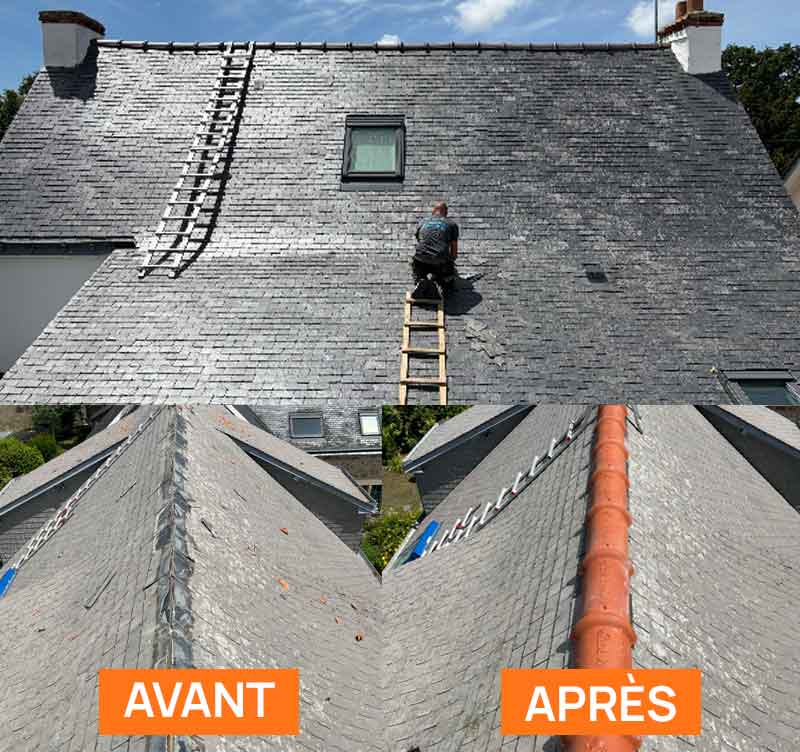 Travaux de couverture et zinguerie - DEBARRE COUVERTURE 56 : artisan couvreur zingueur dans le Morbihan (56) : Travaux de couverture et faîtage en neuf et en rénovation. Dépannage urgent de fuite sur toit ! Pose et rénovation de toiture en zinc et des différents éléments de zinguerie : gouttière, corniche, bande de rives …. intervention dans le Morbihan (56)